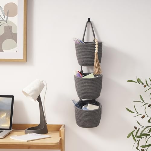 Fabric Wall Hanging Organizers - Small Woven Baskets Pouches Set Boho Style Wall Mounted Bag with Adhesive Hook, Storage Decoration Pocket Caddy for Closet Playroom RV Nursery (Gray & Black) - color: Gray & Black