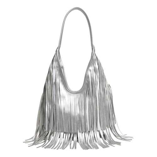 Fringe Hobo Shoulder Bag Vegan Leather Layered Tassel Women Purse Bags | layered tassel - color: Silver