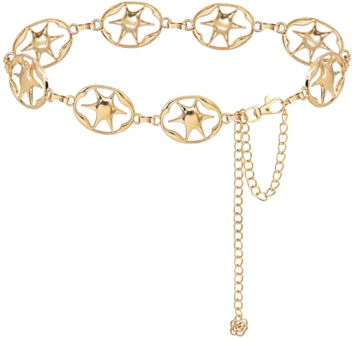 LIMHOO Women's Metal Waist Chain Belts Gold Silver Link Belt for Dresses - color: Star Gold, size: M: Length 120cm/47.2in