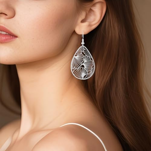 Teardrop Earrings for Women, 14K Plated Dangle Earrings Handmade Filigree Teardrop Dangling Earrings Ginkgo Hypoallergenic 925 Sterling Leaf Earrings for women - color: Maple Leaf Silver