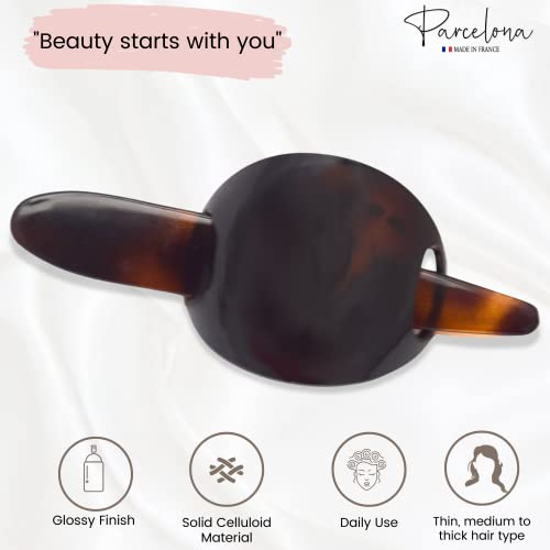 Parcelona French Classic Brown Shell Bun Holder Cover Hair Slider Pin Thru Hair Barrette Clip with Stick