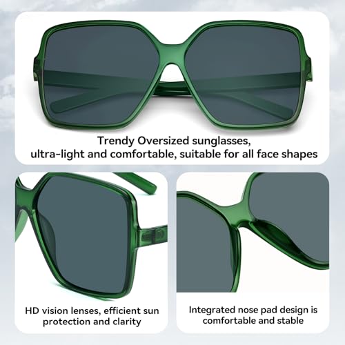Dollger Oversized Square Sunglasses for Women Big Large Wide Fashion Shades for Men UV Protection Unisex - color: K:dark Green Frame Grey Lens