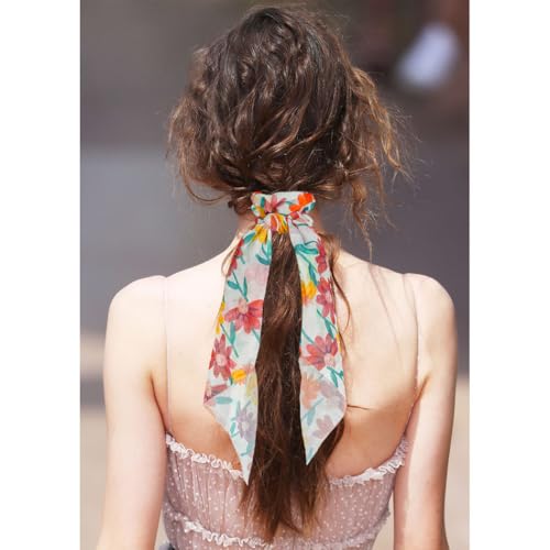 Boho Hair Scarf Scrunchies for Women Bow Hair Ties Floral Hair Scrunchies Silk Elastic Ponytail Holder Hair Accessories for Girls 4 pcs (Flower-3) - color: Flower-3