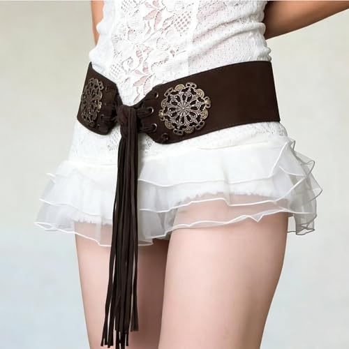Women's Vintage Disc Renaissance-Corset-Belt 3.15" W Western Suede-Cinch-Belts w/Tassel-Closed for 25-40in Waist - color: Coffee