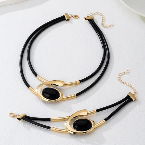 Gold Jewelry Set, Silver Black Boho Western Chunky Vintage Pendant Necklace Stack Trendy Adjustable Non Tarnish Cowgirl Dainty Hypoallergenic Earrings Jewelry Sets For Women - color: Bracelet & Necklace Set