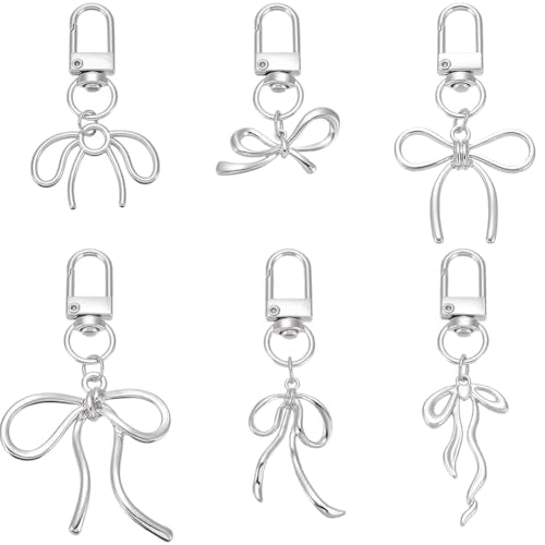 1 Box 6 Styles 6 Pcs Silver Bow Purse Charms Silver Bow Keychains Cute Alloy Elegant Bling Car Keys Decor Bowknot Key Chain Charms for Purse Handbag Backpack Gift Supplies Women Accessories - color: Silver