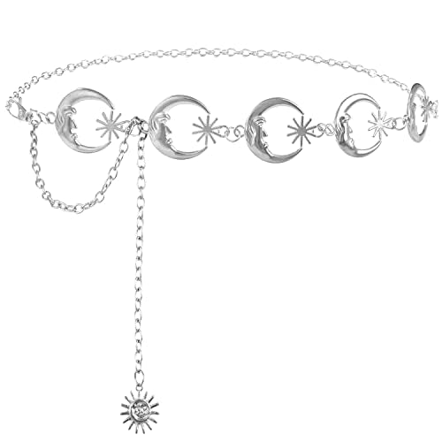 FIORETTO Chain Belt for Women Metal Waist Chain Fashion Multilayer Chain Belts for Dress - color: Moon-silver, size: Fit Waist up to 32"