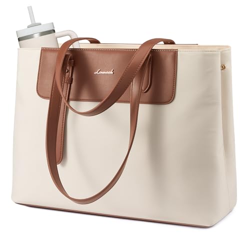 LOVEVOOK Laptop Tote Bag for Women, Water-Resistant Work Tote Bag Large Capacity Computer Bag for Travel, Nylon & PU - color: Brown, size: 17.3Inch