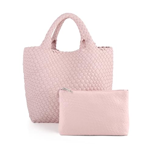 Handmade Woven Bag Satchel Handbag For Women Vegan Leather Tote Bag With Purses Travel Shoulder Bag Underarm Bag - color: Pink-a