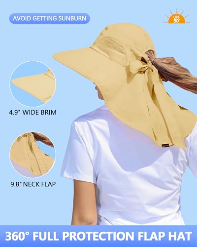 Womens Sun Hat Outdoor UV Protection Wide Brim Fishing Hat with Ponytail Hole Neck Flap for Beach Hiking Camping - color: Sun Hat-khaki
