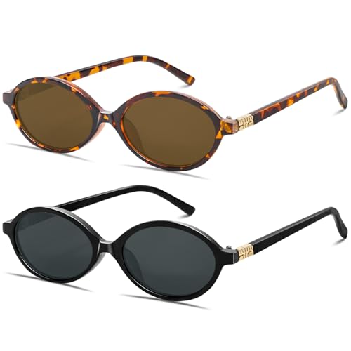 BOTEN Retro Oval Sunglasses for Women Men Small 90s Sun Glasses Trendy Round Shades Cute Designer Sunnies - color: 2 Pack Tortoise Frame/Brown Lens+black Frame/Grey Lens