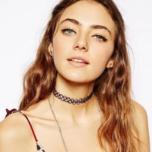 90s Tattoo Choker Necklace, Bracelet & Ring Set – 9 Pieces Black Stretch Gothic Jewelry (3 Necklaces, 3 Bracelets, 3 Rings) – Retro Grunge Aesthetic Accessories for Women
