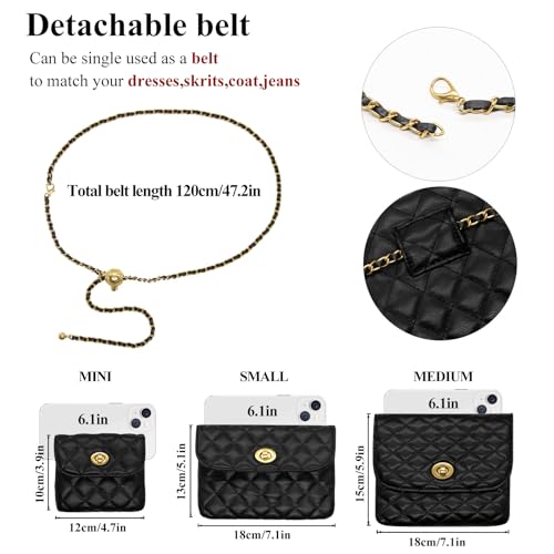 YAMEIZE PU Leather Chain Belt Bag for Women - Crossbody Waist Bag Fanny Pack Detachable Belt Chain Women Evening Mini Handbag - color: Black - Mini