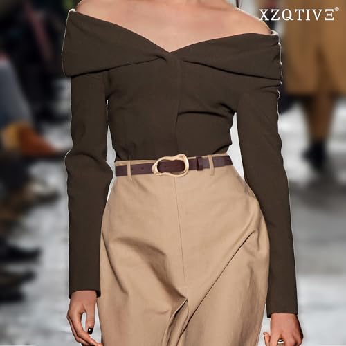 XZQTIVE Leather Belts for Women Casual Fashion Waist Belt for Jeans Pants Dresses with Unique Liquid Shapes Gold Buckle - color: Coffee, size: Fit Waist 28-35in