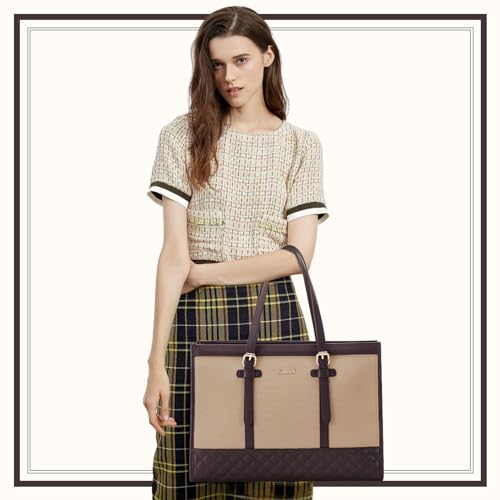 LOVEVOOK Laptop Tote for Women 15.6 Inch Canvas, Large Capacity Work Bag With Clutch Purse, Computer Office Business Briefcase, Casual Handbag for Travel College Teacher School - color: Beige, size: 15.6 inch