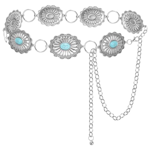 Concho Chain Belt for Women, Premium Body Waist Belly Belt for Concerts, Festivals, Cosplay, Daily Wear - color: Turquoise