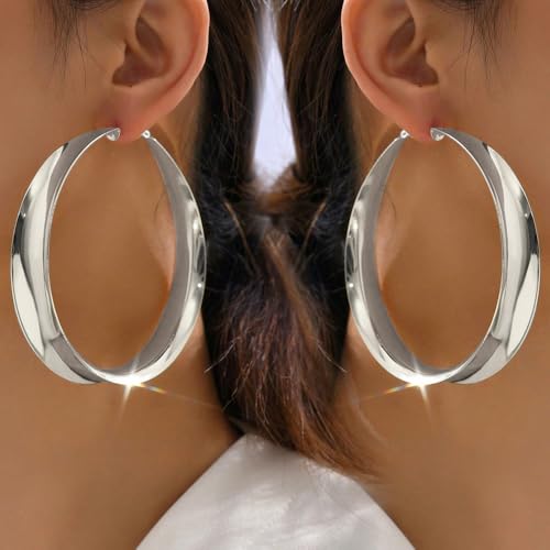 Chunky Gold Silver Hoop Earrings for Women Wide Flat Huggie Hoops Dangle Earrings Big Large Punk Smooth Surface Statement Earrings Fashion Jewelry - color: B Silver