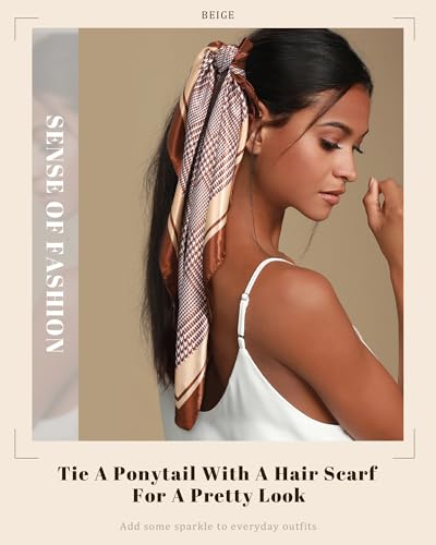 AWAYTR 35” Satin Head Scarf for Women Like Silk Scarf Hair Bandanas Women Large Square Neck Scarf Headscarf Head Wrap - color: Plaid - Brown + Champagne