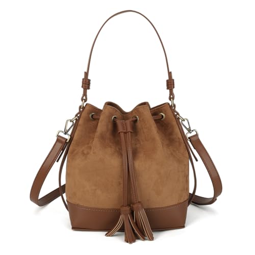AFKOMST Faux Suede Bucket Bags and Drawstring Crossbody Purse for Women Medium Tote Handbags with 2 Shouder Straps | Fit Pad mini, Long Wallet, Removable Long Strap - color: Brown