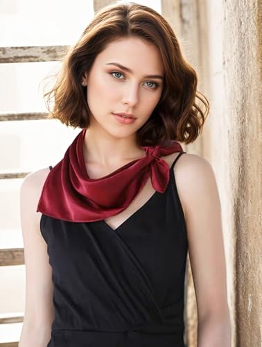 ANDANTINO 100% Mulberry Silk Square Scarf for Hair-25.6" X25.6'' Women Men Natural Silk Neckerchief Digital Printed Headscarf - color: Burgundy-solid Color