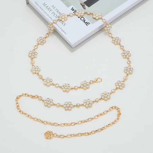 YooAi Rhinestone Diamond Flower Waist Belt Decorative Rhinestone Dress Belt - color: Gold