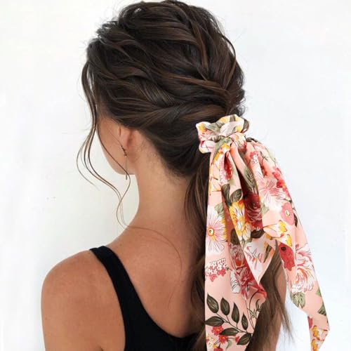 Boho Hair Scarf Scrunchies for Women Bow Hair Ties Floral Hair Scrunchies Silk Elastic Ponytail Holder Hair Accessories for Girls 4 pcs (Floral-2) - color: Floral-2