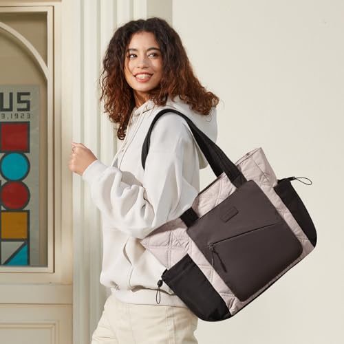 LOVEVOOK Tote Bag for Women, puffer tote bag for Work Travel Nurse, Lightweight quilted Bags with Compartments - color: ‎m-15.6 Inch-apricot-coffee