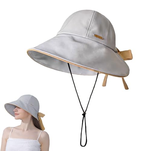 Wide Brim Hats for Woman Foldable Hats Sun Hats for Women uv Protection Bowknot Bucket hat Adjustable hat with Ponytail Hole - color: Grey