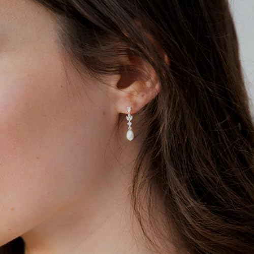 Hayopi Pearl Earrings for Women - Dainty Gold Dangle Drop Earrings, 14k Gold Plated Cute Bow Design, Hypoallergenic Pearl Studs, Wedding Jewelry Gifts - color: silver-silver 3 leaf earrings