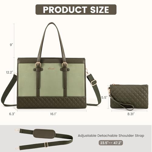 LOVEVOOK Laptop Bag for Women 15.6 inch Canvas Laptop Tote Bag, Large Capacity Work Bag with Clutch Purse, Computer Bag Office Business Briefcase, Casual Handbag for Travel College Teacher School - color: Moss Green, size: 15.6 inch