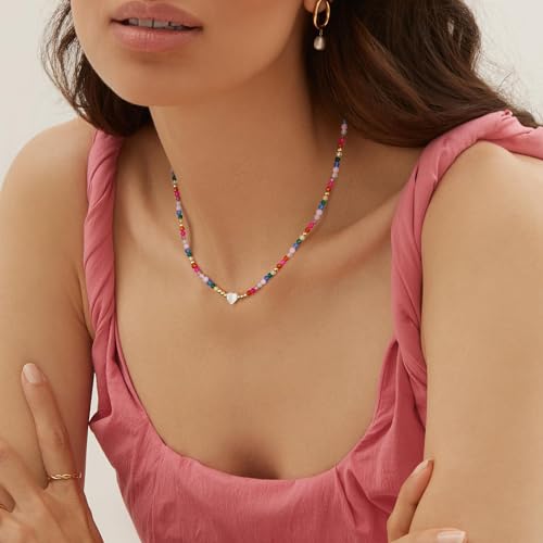 KissYan Beaded Choker Necklace for Women, Colorful Natural Gemstones Pearl Choker 14K Gold Plated Pendant Healing Crystal Necklace Handmade Stone Jewelry Gift - color: N-Colorful Shell
