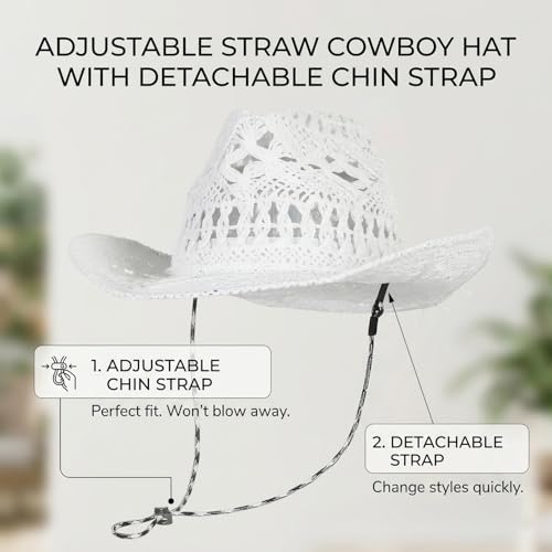 Men & Women's Summer Cowboy Cowgirl Straw Hat Hollow Out Woven Roll Up Wide Brim Sun Hat with Chin Strap - color: White