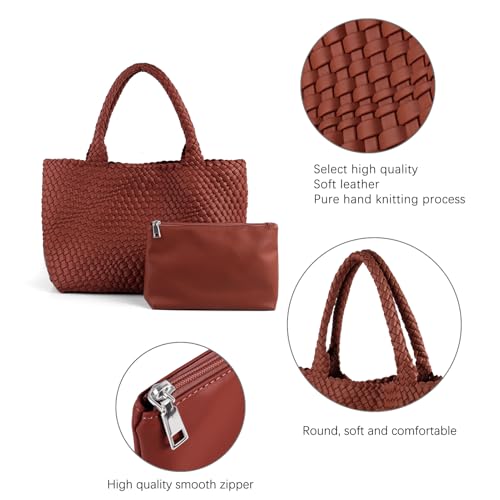 Handmade Woven Bag Satchel Handbag For Women Vegan Leather Tote Bag With Purses Travel Shoulder Bag Underarm Bag - color: Wine Red