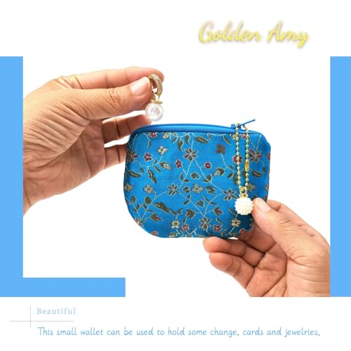Handmade Women Coin Purse Rosary Pouch Silk Jewelry Bag Brocade Zipper Wallet - SkyBlue - color: SkyBlue
