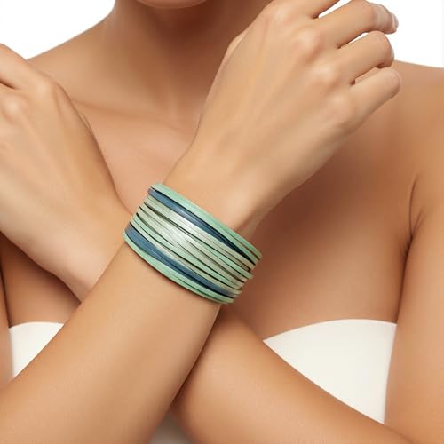 Edoneery Leather Wrap Bracelet for Women, Boho Handmade Multi-Layer Cuff with Crystal Beads Heart, Stackable Bangle Western Jewelry Gift - style: Leather(LakeBlue)