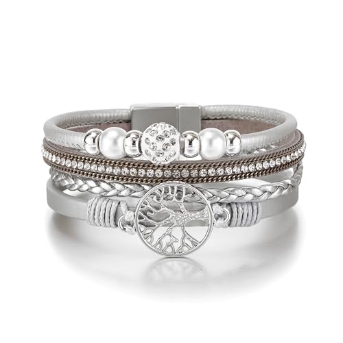Edoneery Leather Wrap Bracelet for Women, Boho Handmade Multi-Layer Cuff with Crystal Beads Heart, Stackable Bangle Western Jewelry Gift - style: Tree of Life(Silver)