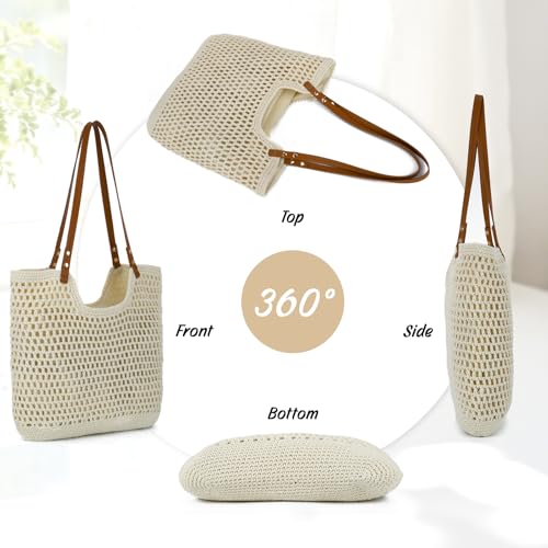 Oweisong Beach Bags for Women Woven Crochet Summer Purse 2026 | Boho Tote Bag, 13.8" Large Capacity, Tote Bag with Zipper, Foldable Packable, Beach Shipping, Vacation Purse - color: Begie