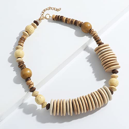 COLORFUL BLING Natural Chunky Wooden Beads Statement Necklace Boho African Tribal Collar Choker Bib Necklace Hippie Vacation Jewelry for Unisex Men Women - color: mix big