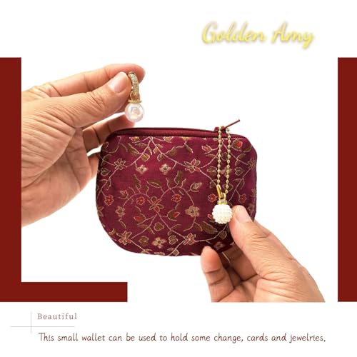 Handmade Women Coin Purse Rosary Pouch Silk Jewelry Bag Brocade Zipper Wallet - Maroon - color: Maroon