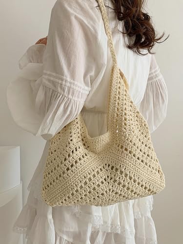 Boho Straw Bags for Women Large Woven Tote Bag Straw Beach Bag Shoulder Bags Purse Handbags Summer Straw Hobo Bag - color: Beige