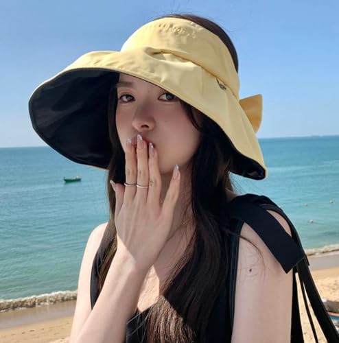Sun Visor Hats for Women Wide Brim UPF 50+ Bucket Hats Summer Visor Caps Beach Hat Packable UV Protection Fishing Hiking Hat - color: Yellow