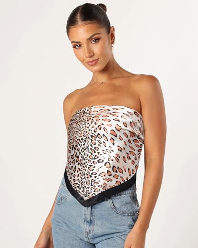 AWAYTR 35” Satin Head Scarf for Women Like Silk Scarf Hair Bandanas Women Large Square Neck Scarf Headscarf Head Wrap - color: Leopard - Black + Light Brown