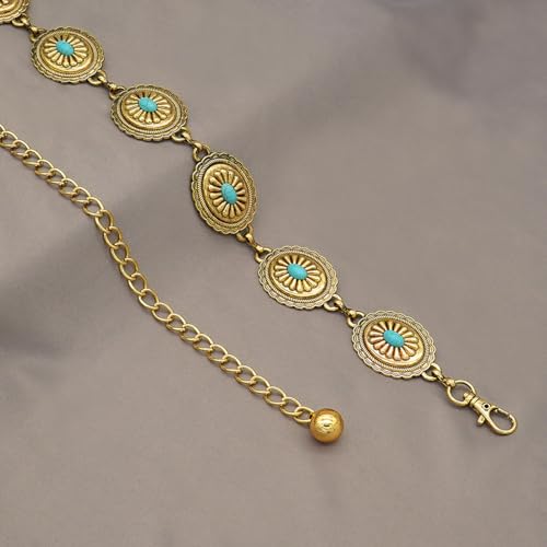Women's Concho Chain Belt Western Cowgirl Metal Waist Chain Belt for Dress - color: B Gold, size: S: 41.3 in