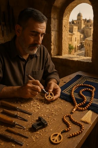 SANAD Peace Sign Necklace Olive Wood – Handmade Hippie Jewelry from Jerusalem – 60s 70s Costume Accessory – Lightweight Retro Pendant for Men & Women