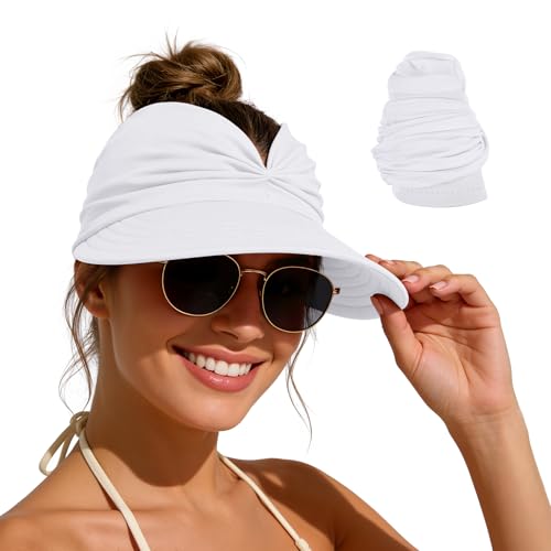 Zando Sun Visor Hats for Women - Beach Wide Brim Fashion Hat UV Protection Quick Dry Packable Summer Cap for Casual Sports - color: A White