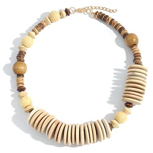COLORFUL BLING Natural Chunky Wooden Beads Statement Necklace Boho African Tribal Collar Choker Bib Necklace Hippie Vacation Jewelry for Unisex Men Women - color: mix big