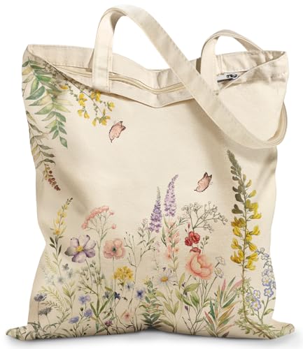 Miss Adola Canvas Tote Bag with Zipper – Cute Canvas Bags for Women Aesthetic Design Reusable Totes for Shopping Work Travel - style: Fresh Flowers
