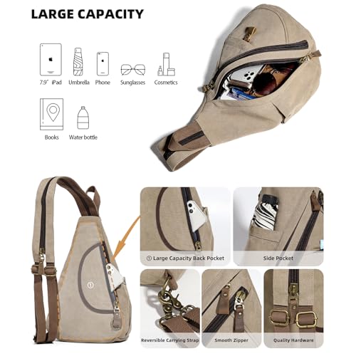 KL928 Canvas Sling Bag - Small Crossbody Backpack Shoulder Casual Daypack Rucksack for Men Women(Large Version,Khaki) - color: Canvas-khaki
