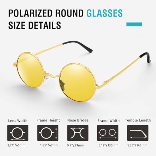 Morcheiong Polarized Hippie Sunglasses Retro Round Glasses for Women Men Vintage Circle Sunglasses UV400 - color: Gold Frame Yellow Film
