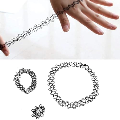 90s Tattoo Choker Necklace, Bracelet & Ring Set – 9 Pieces Black Stretch Gothic Jewelry (3 Necklaces, 3 Bracelets, 3 Rings) – Retro Grunge Aesthetic Accessories for Women